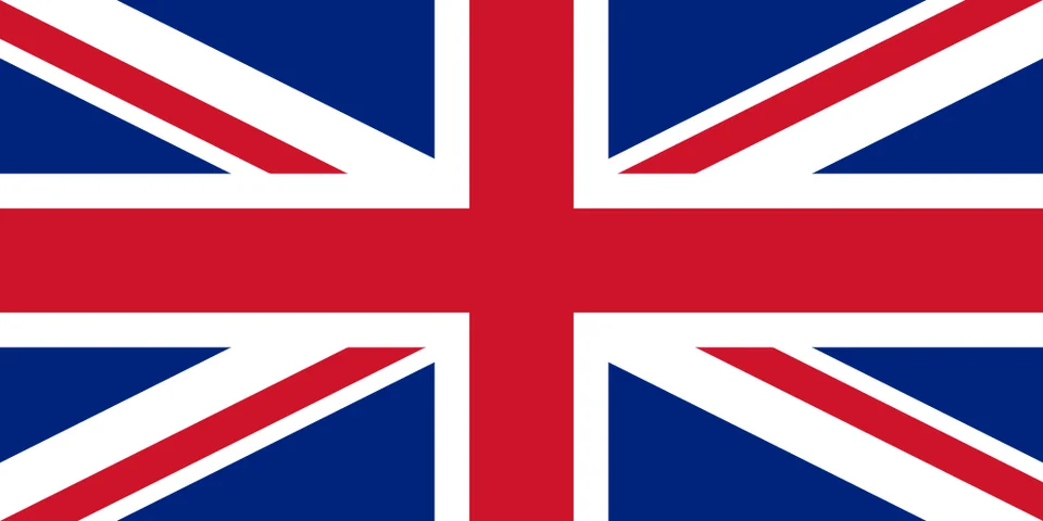 De vlag van het Verenigd Koninkrijk — de Union Jack: de gecombineerde kruisen van Sint-Joris, Sint-Andreas en Sint-Patrick in rood, wit en blauw.
